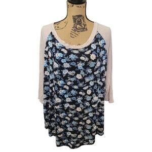 1X Modcloth Fervour 3/4 Sleeve Blue & Tan Floral Raglan T-shirt